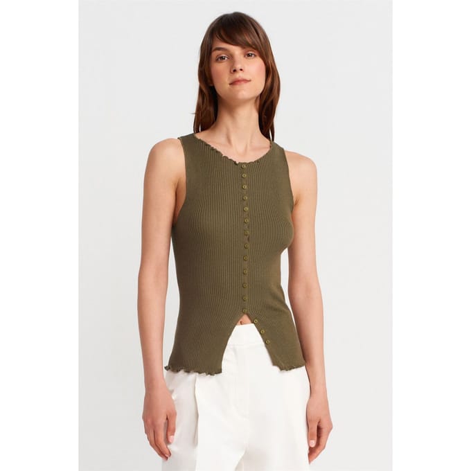 Mouwloze Geribbelde Knopen Cardigan