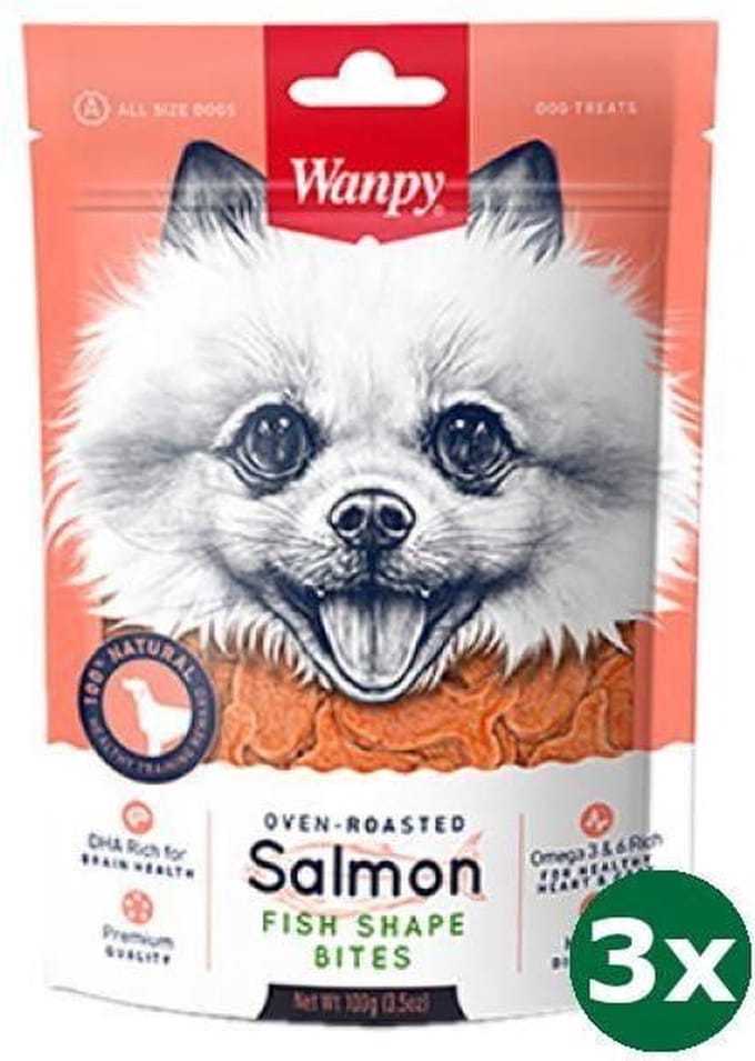 Wanpy oven-geroosterde zalm in visvorm hapjes hondensnack 3x100 gr