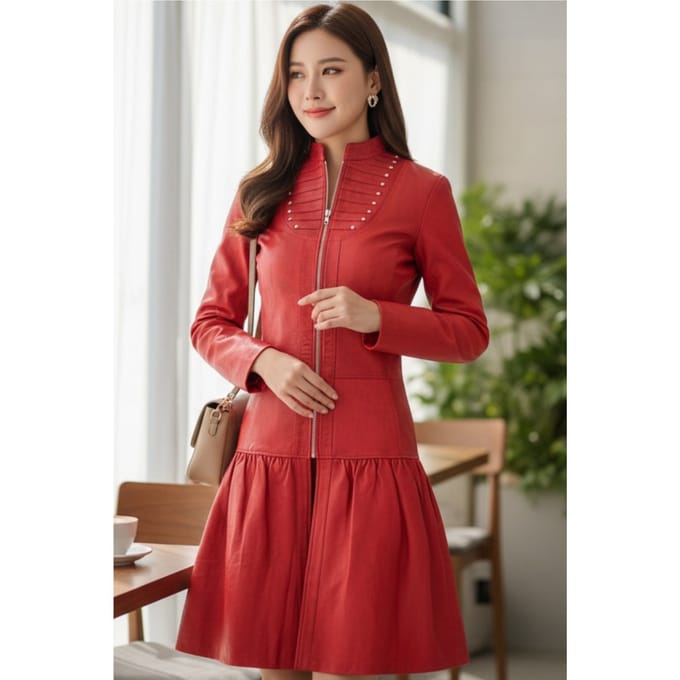 Dames ribet goth rood leren Victoriaanse studd flare-jas - Mist