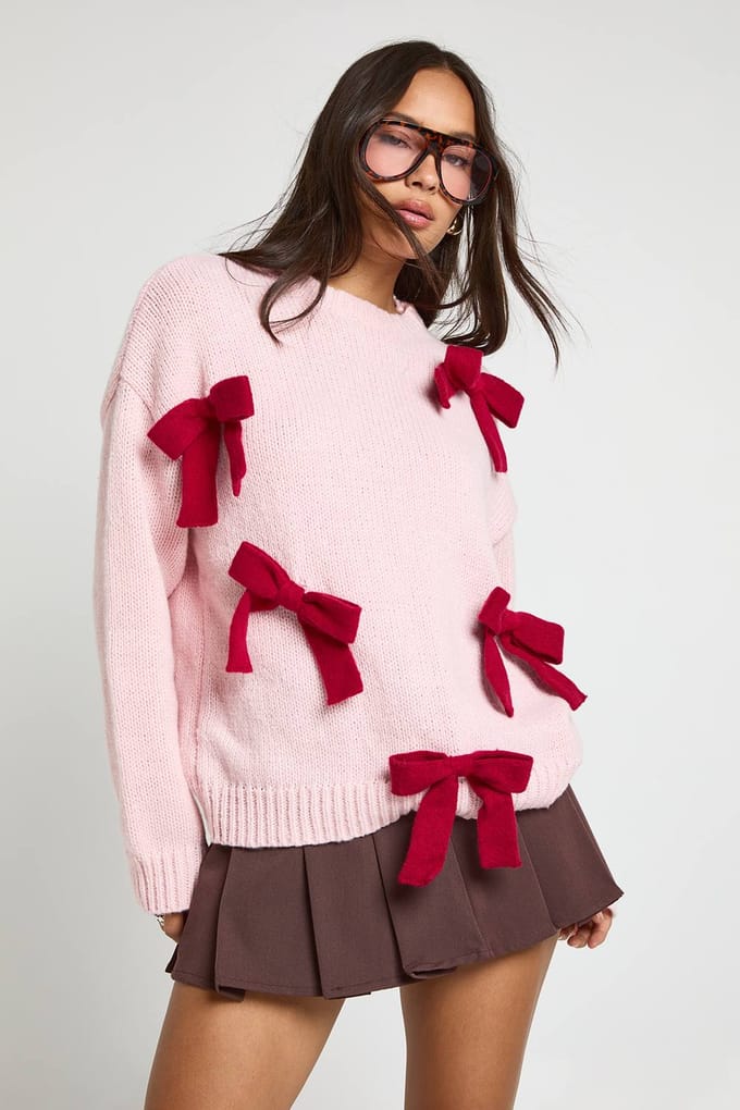 boohoo Dames Oversized chunky gebreide trui met strik | Pink | Maat: Medium