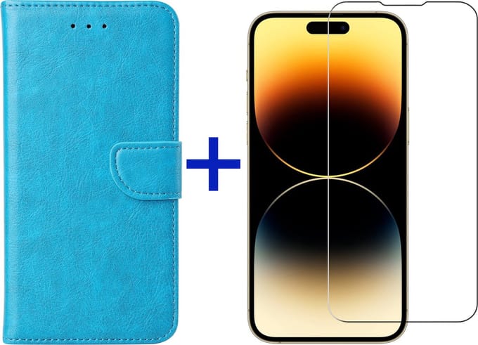 iPhone 14 Pro Max hoesje bookcase met pasjeshouder + screenprotector voor iPhone 14 Pro Max - Turquoise