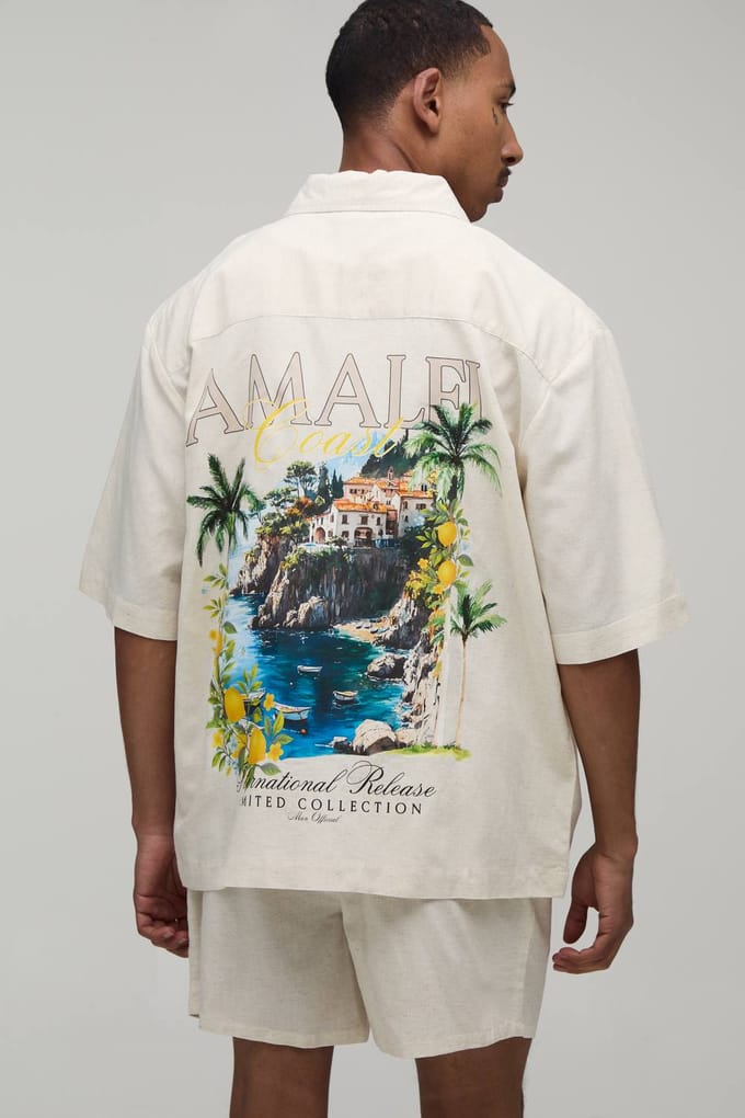Oversized Shirt Met Korte Mouwen En Relaxed Short Met Locatieprint | Natural | Size Medium