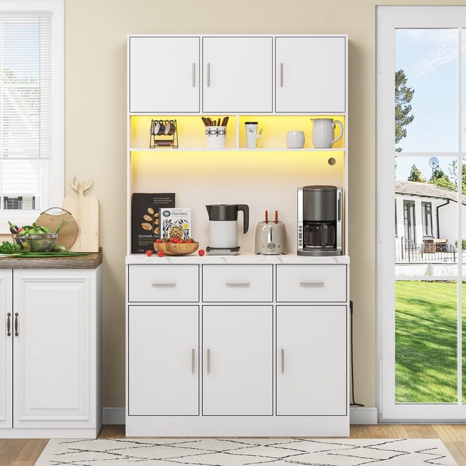 MODFU Multifunctioneel Buffet met LED Verlichting, Verstelbare Planken, Lades en Stopcontacten – 100x40x180 cm