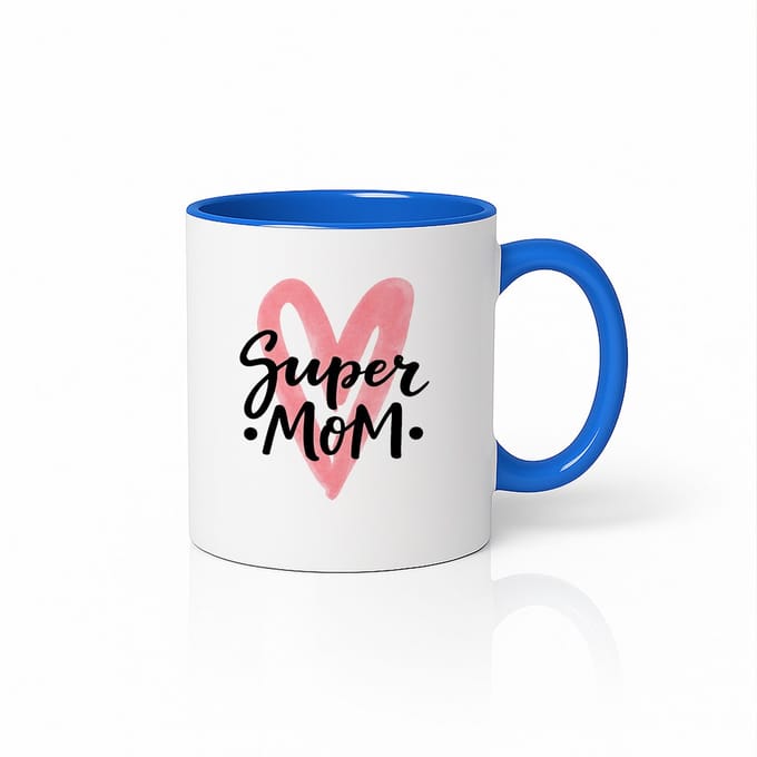Super Mom Koffiemok met Roze Hart - Moederdag Cadeau - Blauw Wit