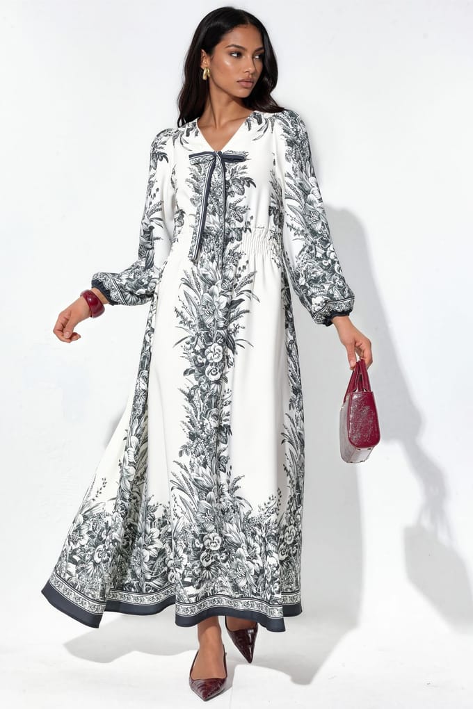 Geprinte V-hals Maxi-jurk met Strikdetail