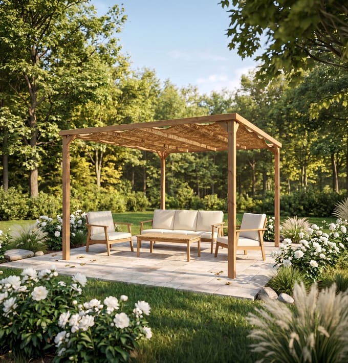 Pergola met kokos schaduwdoek - Vierkant - 3mx3m - Solid - S7015