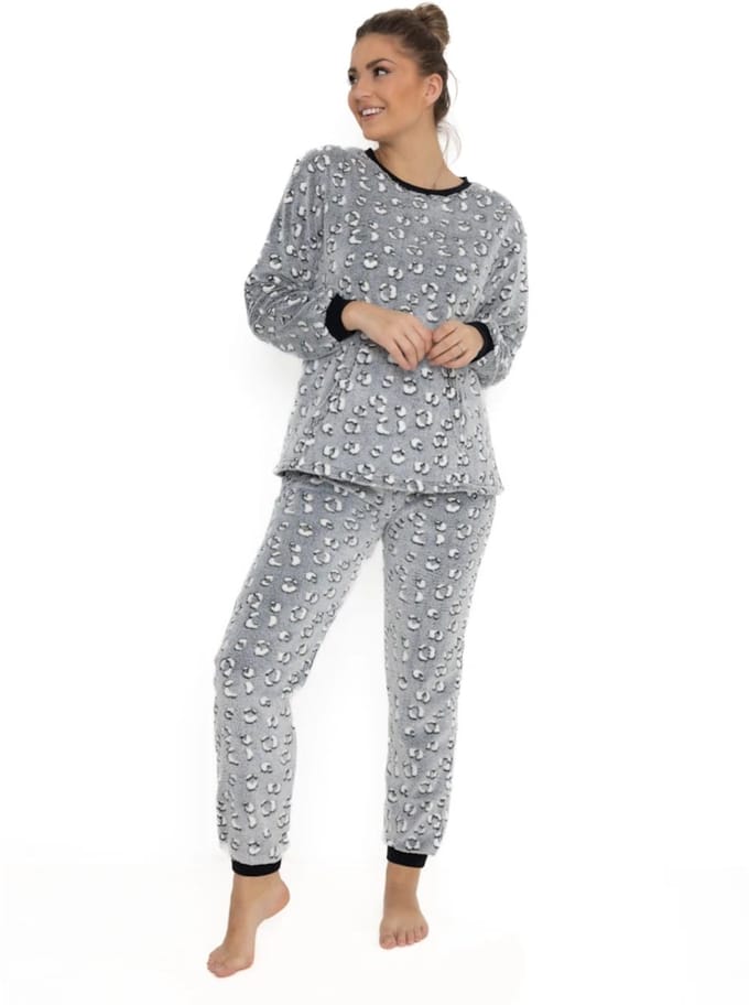 Cocodream dames huispak - fleece - maat L - Panter - donkergrijs/zwart