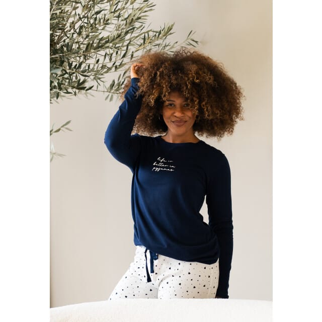 By Louise Dames Pyjama Set Lang Blauw Hartjes Print - Maat M