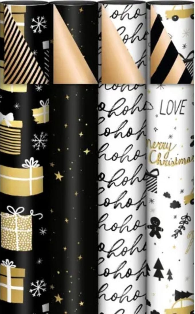 Geschenkpapier Kerst 70cmx2m assorti zwart/wit/goud dubbelzijdig