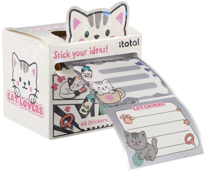iTotal Assorted sticky label rolls “PULL OUT LABELS - CAT” | Labelrollen Klevervige notities Witte Kat 58x44mm 48 stickers/rol