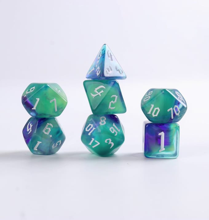 Lapi Toys - Dungeons and Dragons dobbelstenen - D&D dobbelstenen - D&D polydice - 1 set (7 stuks) - Acryl - Groen - Blauw