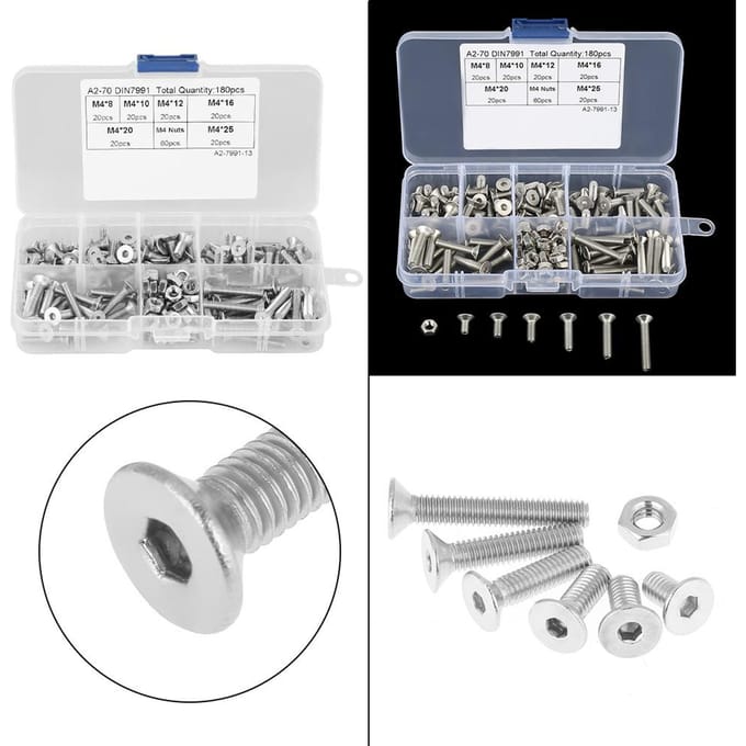 180 pièces M4 Acier Inoxydable 304 Vis à Tête Plate Écrous Kit d'Assortiment avec Boîte
