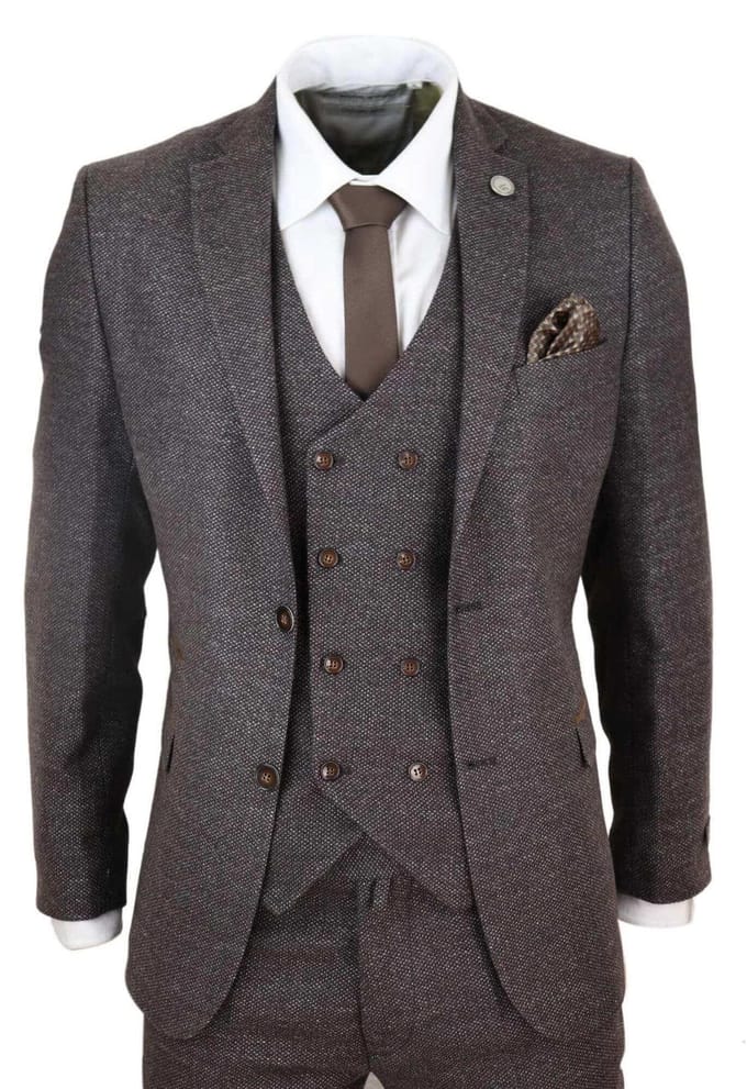 Heren Bruin Wol 3-delige Pak Dubbel Breasted Tweed Peaky Blinders 1920