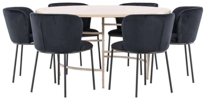 Copenhagen eethoek tafel Ø140cm en 6 stoelen whitewash, zwart.