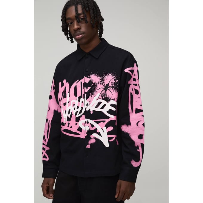 Oversized Shirt Met Lange Mouwen En Graffiti Spuitverf Print | Black | Size Small