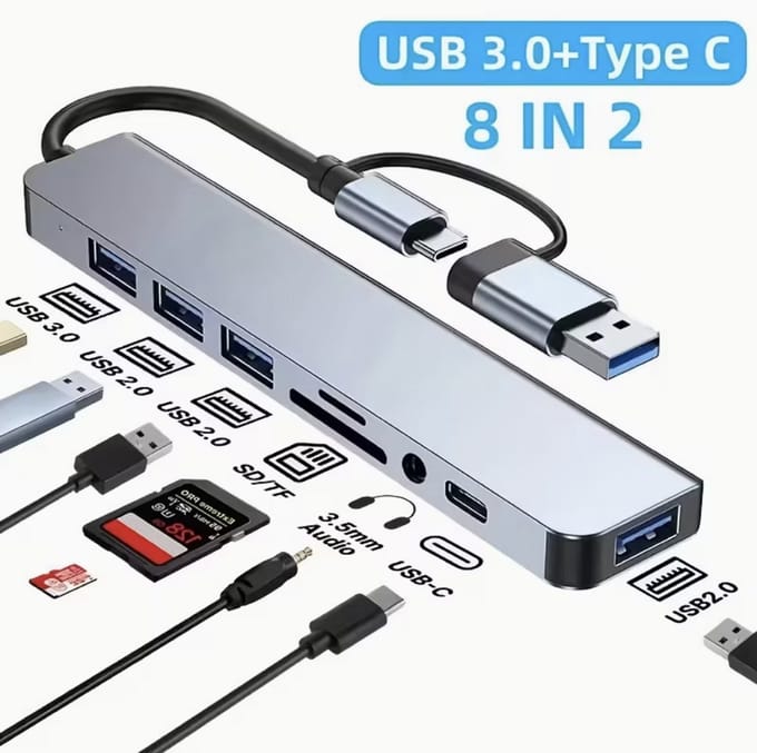 8 In 2 Usb - 2 Type C + USB 3.0 Hub Card - Geschikt voor Windows en Macbook -opladen - Telefoon Disk Converter