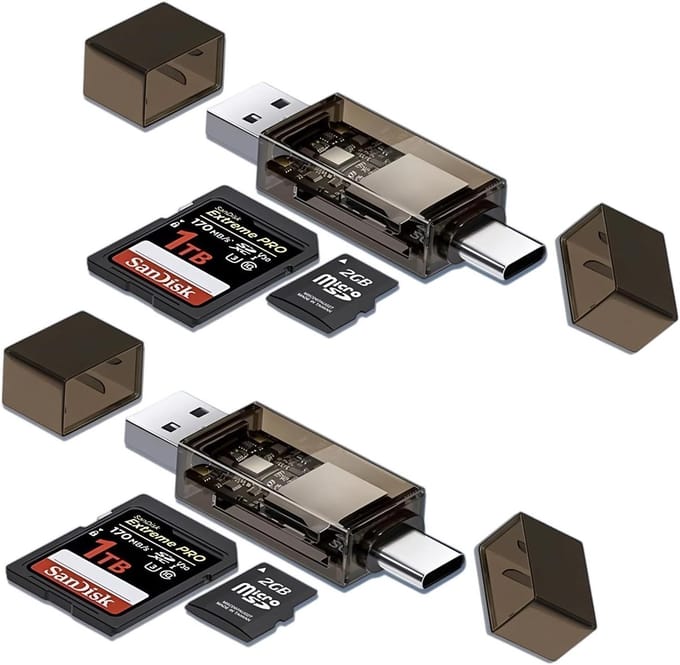 3-in-1 SD Kaartlezer - Micro SD Adapter - Bestanden Overzetten - USB A Micro USB USB C - 2 stuks