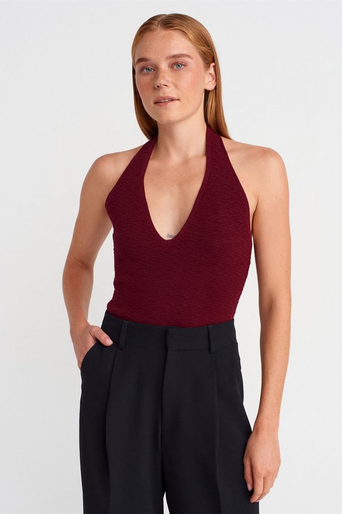 Geribde Halternek Brei Blouse