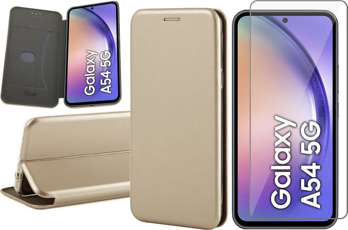Hoesje geschikt voor Samsung Galaxy A54 - Screen Protector GlassGuard - Book Case Kunstleer ThinShield Goud & Screenprotector