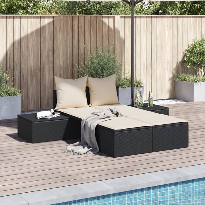 vidaXL - Ligbed - 2-persoons - met - kussens - poly - rattan - zwart