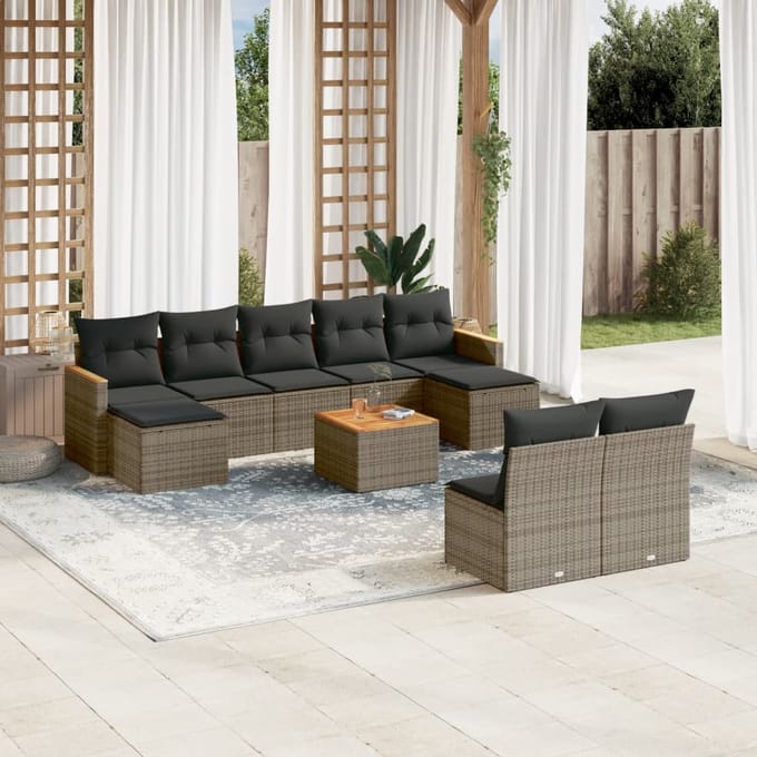 vidaXL - 10-delige - Loungeset - met - kussens - poly - rattan - grijs