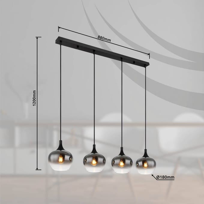 Globo - hanglamp - MAXY - zwart - glas - grote eettafellamp - E27 - 15548-4H