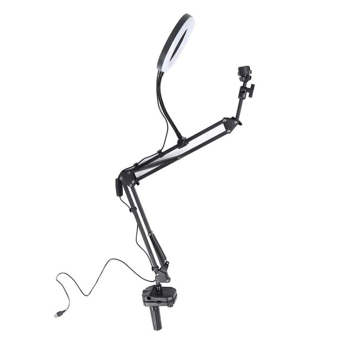 Selfie Ringlicht 3 Kleurtemperatuur Intrekbare Arm Overhead Ringlicht met Klem Telefoonhouder