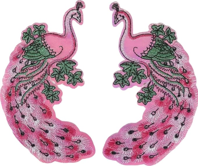 Patch - Strijkembleem - Pauwen - links en rechts - 15 x 8 cm - Licht Roze