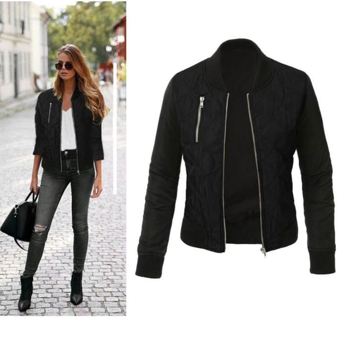 Herfst Winter Dames Basic Rits Gewatteerde Bomberjack Jas XXXL zwart