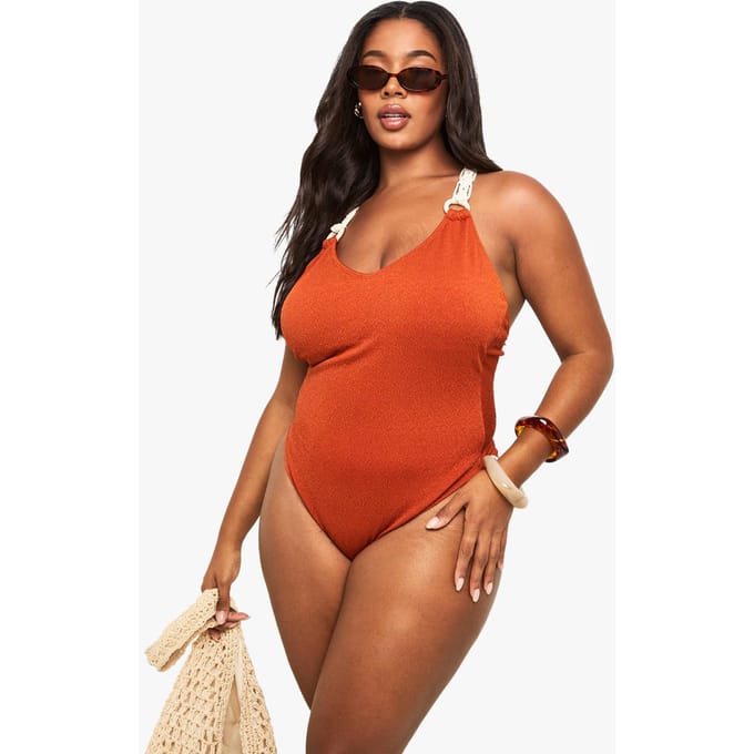 boohoo Dames PLUS BADKOSTUUM MET MACRAMÉ-BANDEN | Chocolate | Maat: 28