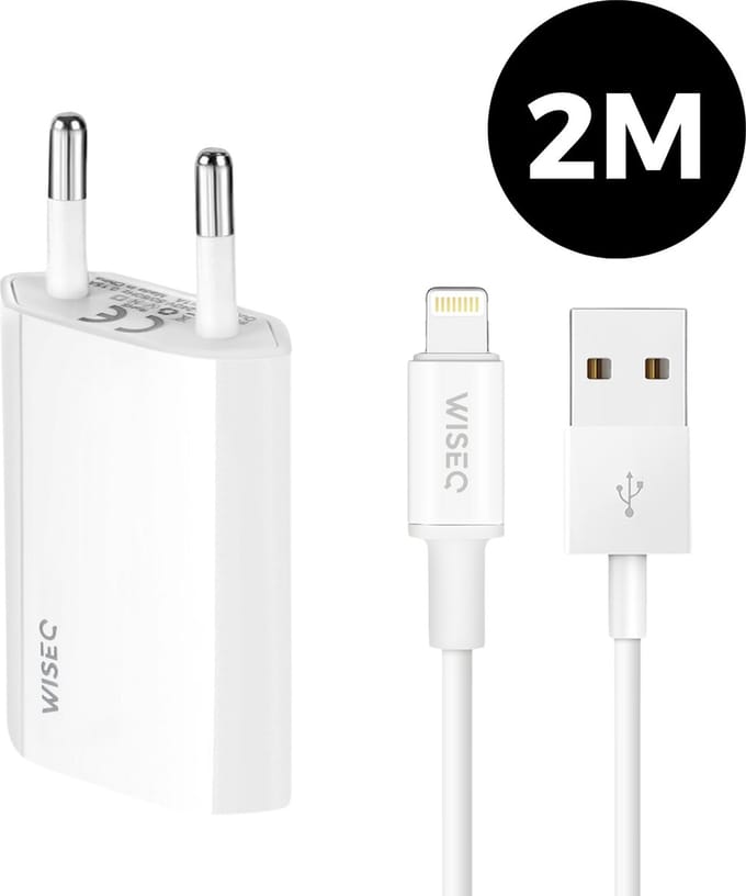 Premium oplader geschikt voor iPhone 14 / 13 / 12 / 11 / X - USB A lader inclusief Lightning kabel 2 m - wit - WiseQ