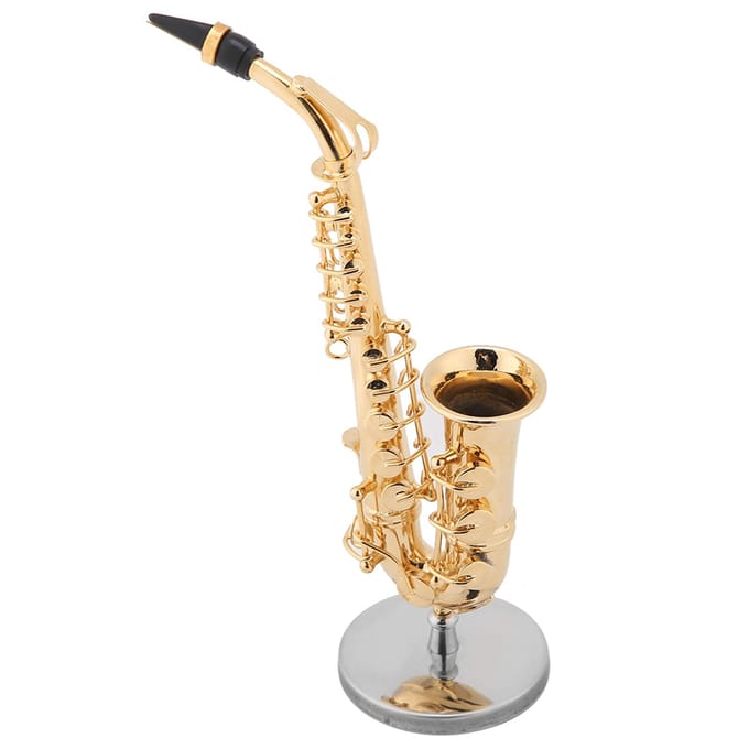 Miniatuur Altsaxofoon Replica met Standaard en Koffer Verguld Instrument Model Ornamenten beige