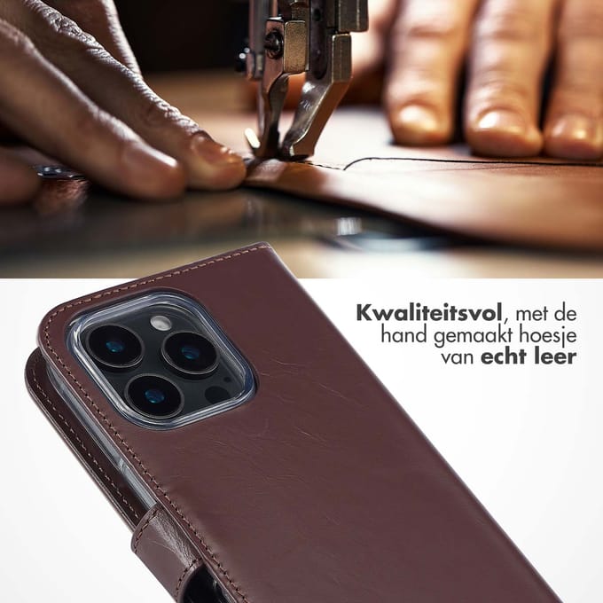 Selencia Hoesje - Geschikt voor Apple iPhone 16 Pro Max - Echt Lederen Bookcase - Bruin