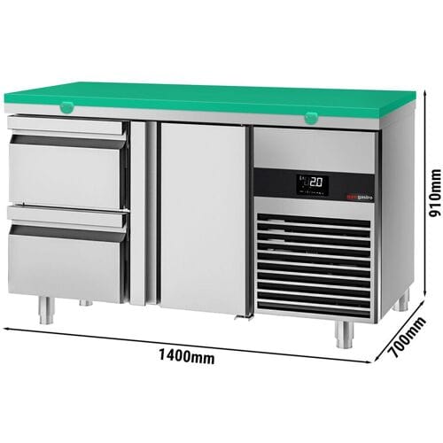 GGM Gastro Kühltisch PREMIUM - 1400x700mm - mit 1 Tür - 2 Schubladen - inkl. Schneideplatte Grün