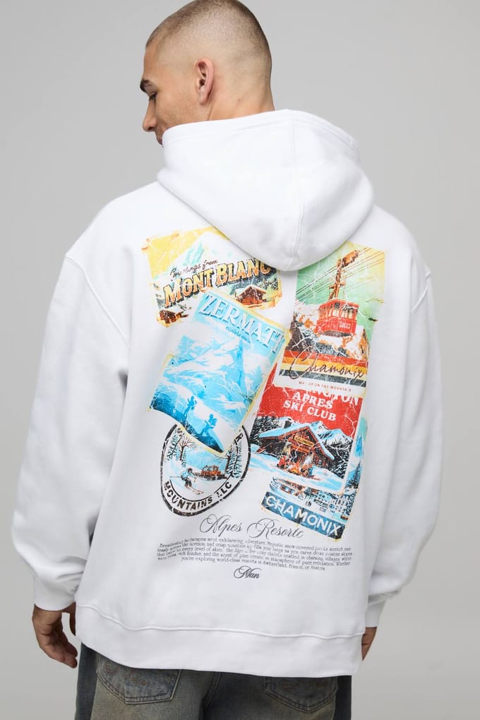 Wit Oversized Ski Ansichtkaart Bedrukt Zwaargewicht Hoodie | White | Size Medium