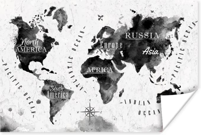 Poster Wereldkaart - Waterverf - Zwart - Wit - 30x20 cm