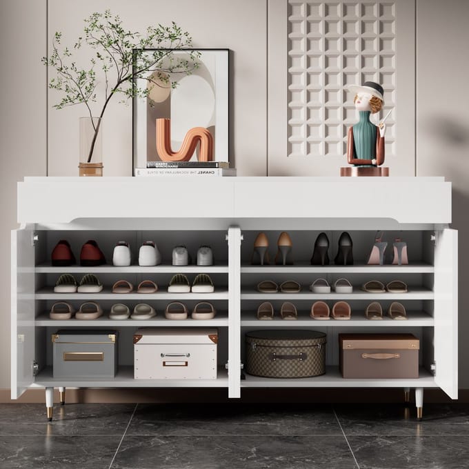 Sweiko Schoenenkast - 2 laden - Verstelbare planken - Metalen poten - Halmeubel - Wit