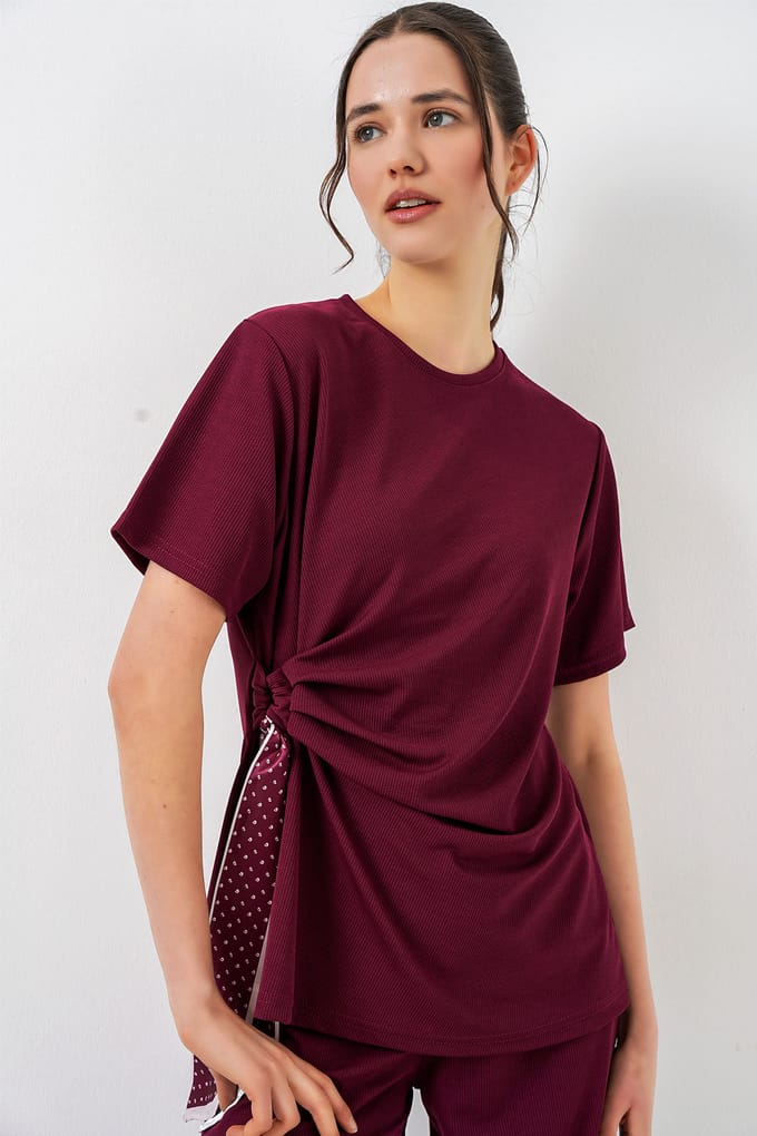 Crew Neck Met Strikdetail Geribbelde Set met Wijd Uitlopende Broek
