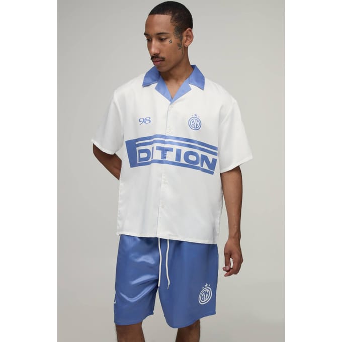 Oversized Shirt Met Korte Mouw En Short Set Met Sportprint In Satijn | Slate Blue | Size Medium