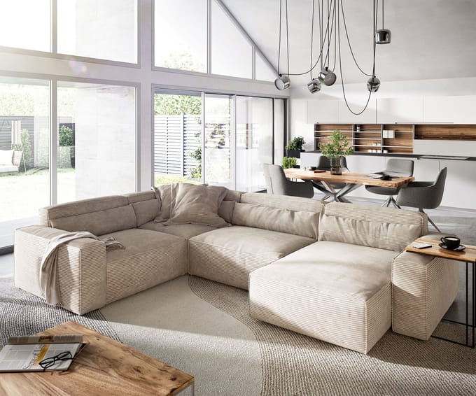 Woonkamerlandschap Sirpio 300x210 cm koord beige recamiere variabel