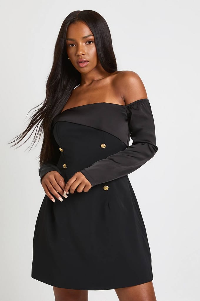 boohoo Dames Bardot lange mouwen getailleerde mini-jurk | Black | Maat: 10
