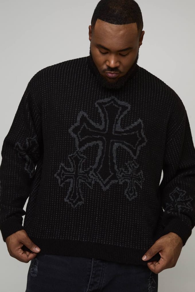 Plus oversized boxy pluizige cross jacquard gebreide trui | Black | Size 3XL