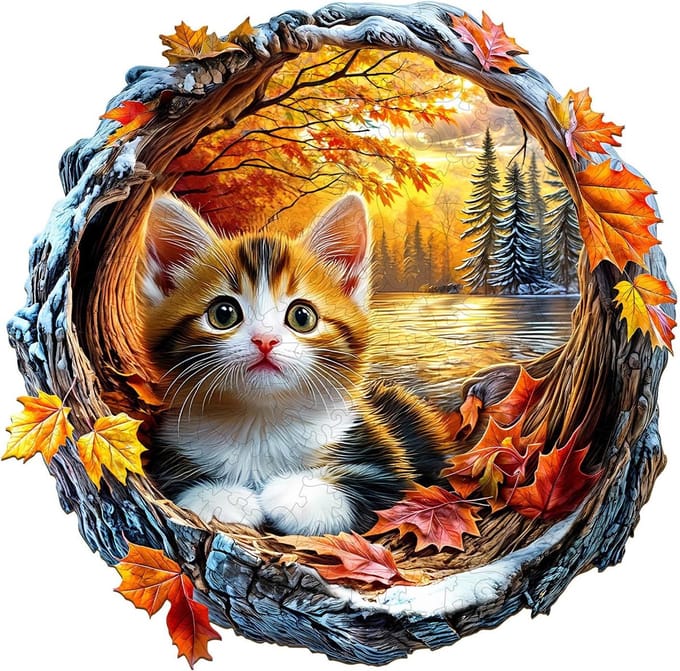 Houten Puzzel - Unieke Legpuzzel - Ontspanning Thuis - Cirkelvormig Design - 280 Stukjes - Kittens Herfst