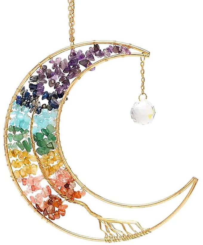 Suncatcher maan, levensboom en chakra-stenen - ± 17 cm