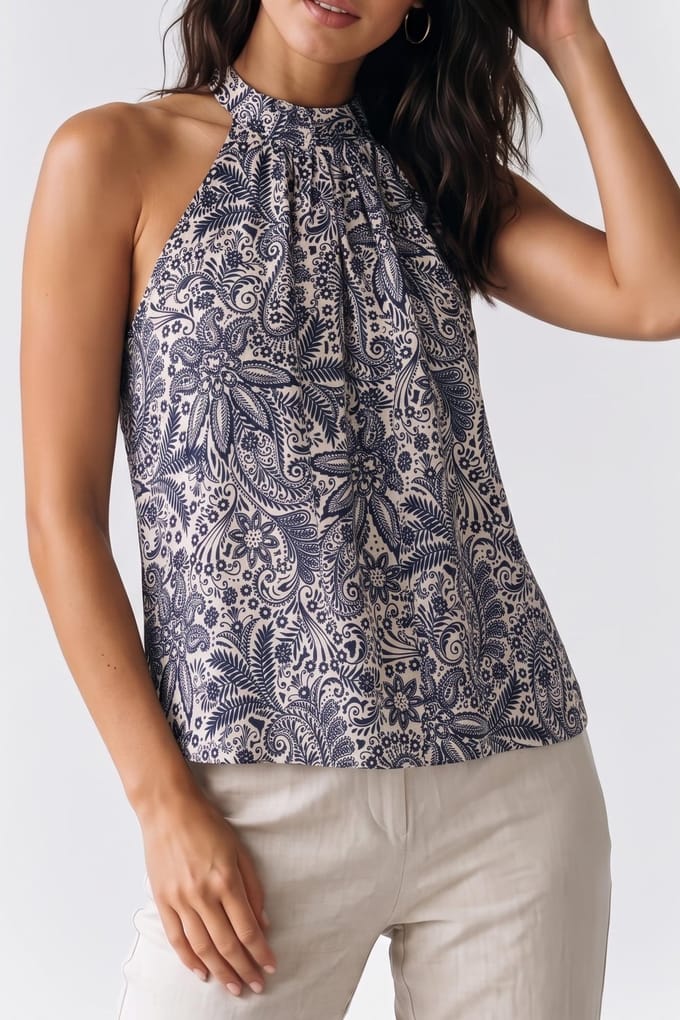 Studio Anneloes Flower Printed Halter Top Dark Blue/off White Größe: XL | Blusen Outlet | Damen | Weiß