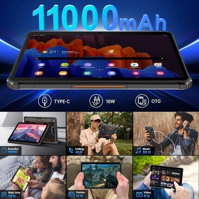 OUKITEL RT9 Tablet Touchscreen 10.1'' HD IP68 24GB+256GB 11000mAh Onbreekbare Tablet 16MP Android 14 Dual SIM 4G/GPS Zwart
