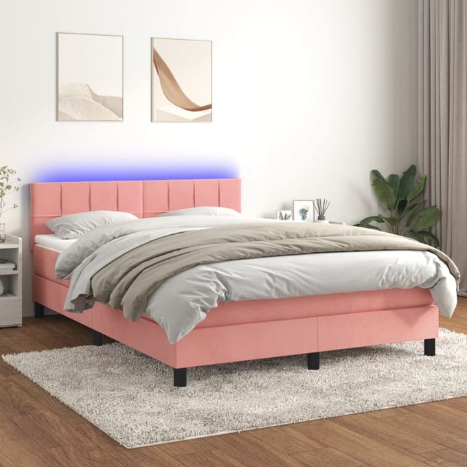 vidaXL - Boxspring - met - matras - en - LED - fluweel - roze - 140x200 - cm