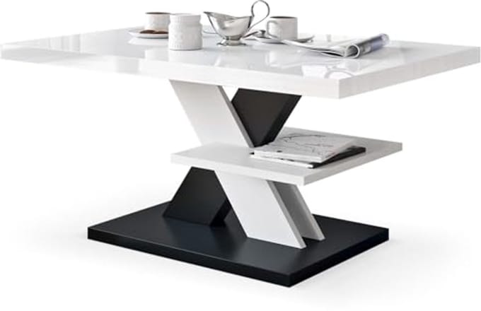 Moderne hoogglans salontafel in zwart en wit met legplank