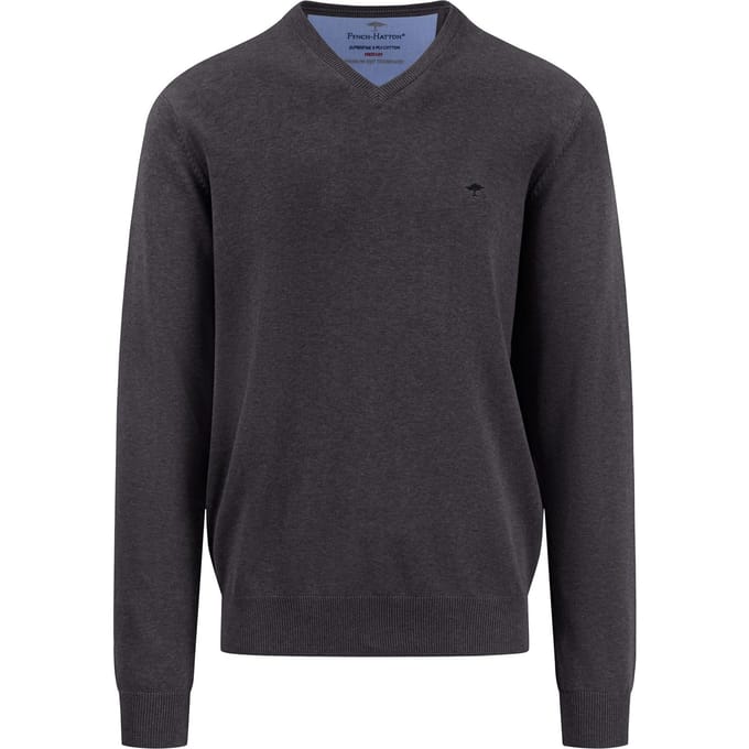 Fynch-Hatton V-hals Trui Antraciet 100% Katoen Regular Fit - XL