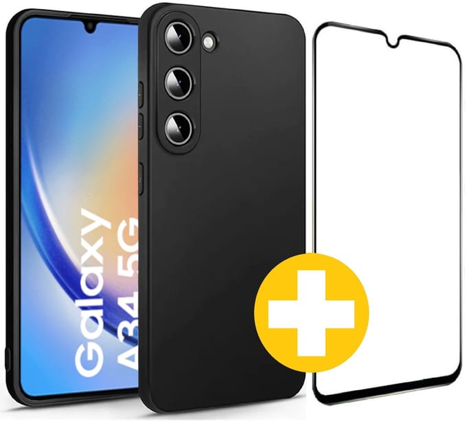 Hoesje en Screenprotector Combi Geschikt Voor Samsung A34 - Zwart Hoesje + Premium Screenprotector